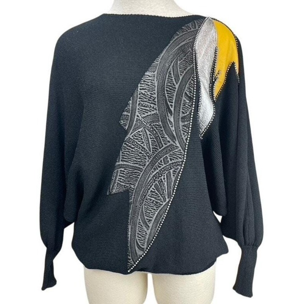 Vintage 80s Womens‎ (L) Black Knit Batwing Sweater Leather Applique Mobwife